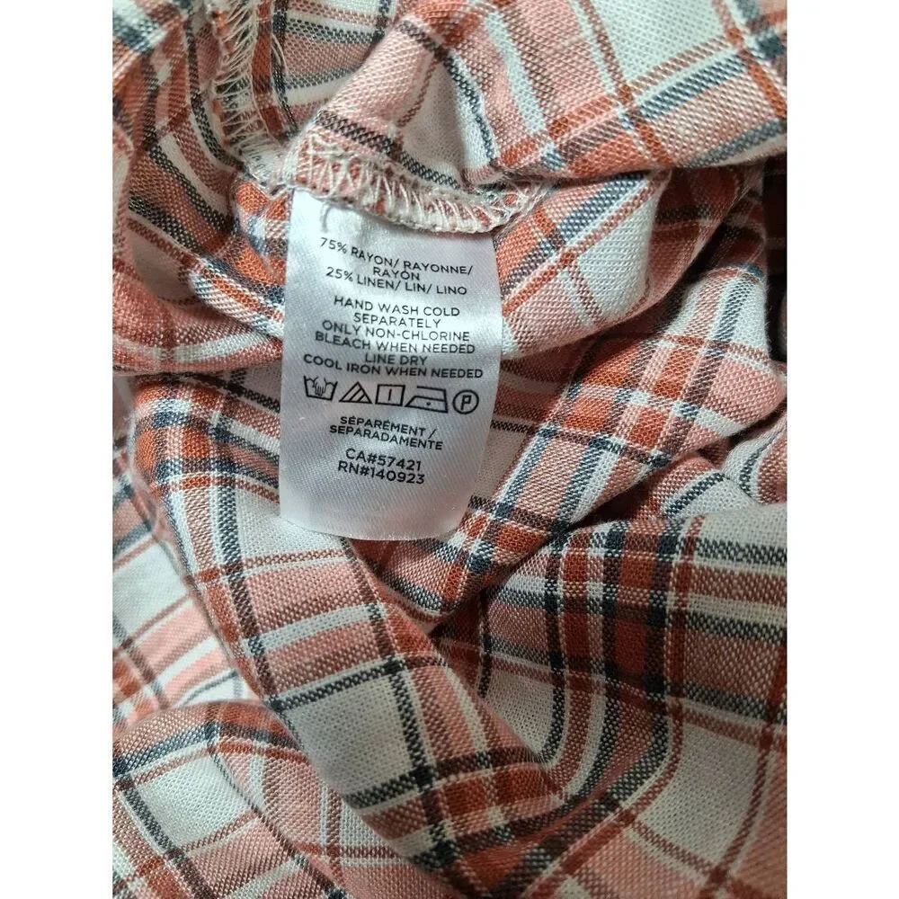 Ann Taylor womens xl tartan plaid shirt western cowboy rust coral peach blouse